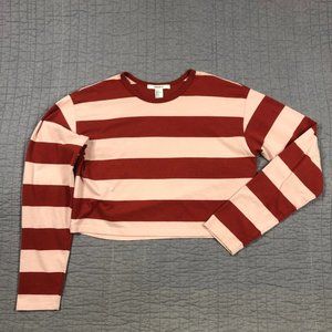 Forever 21 Shirt Women Small Red Pink Striped Long Sleeve Cropped